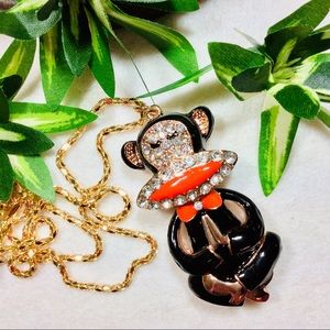 Whimsical Fun Necklace Jeweled & Enameled “Monkey Shines” Pendant on 28”L Chain